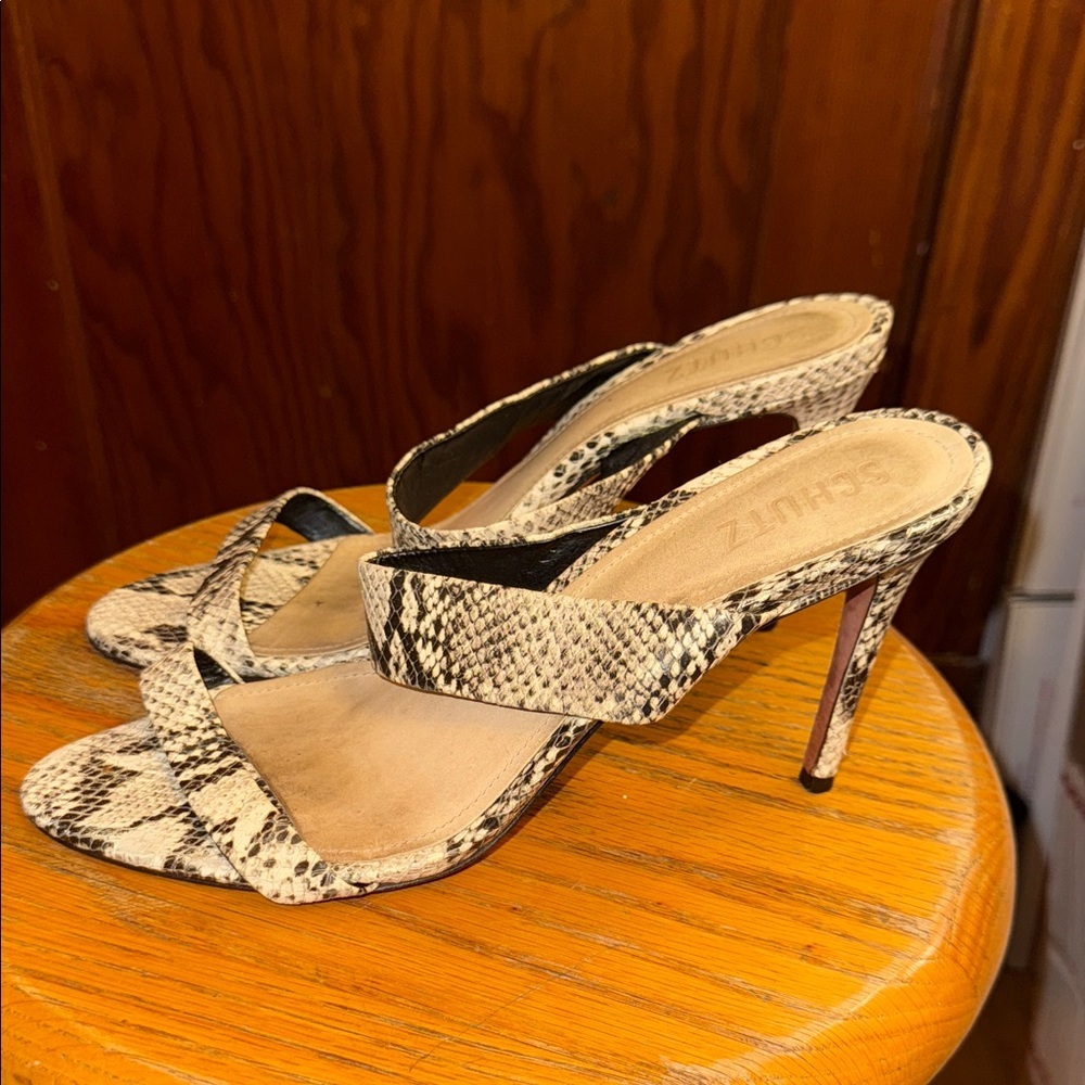 SCHUTZ Black and Cream Snakeskin Sandals - Picture 6 of 6
